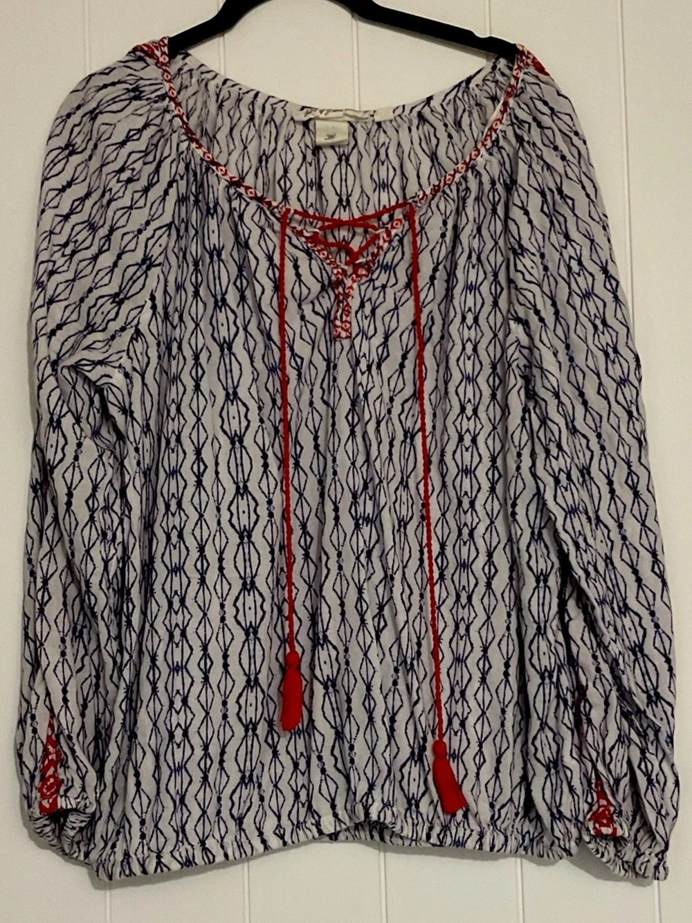 LOGG Women’s White Cotton Peasant Top with Navy Pattern and Red Trim